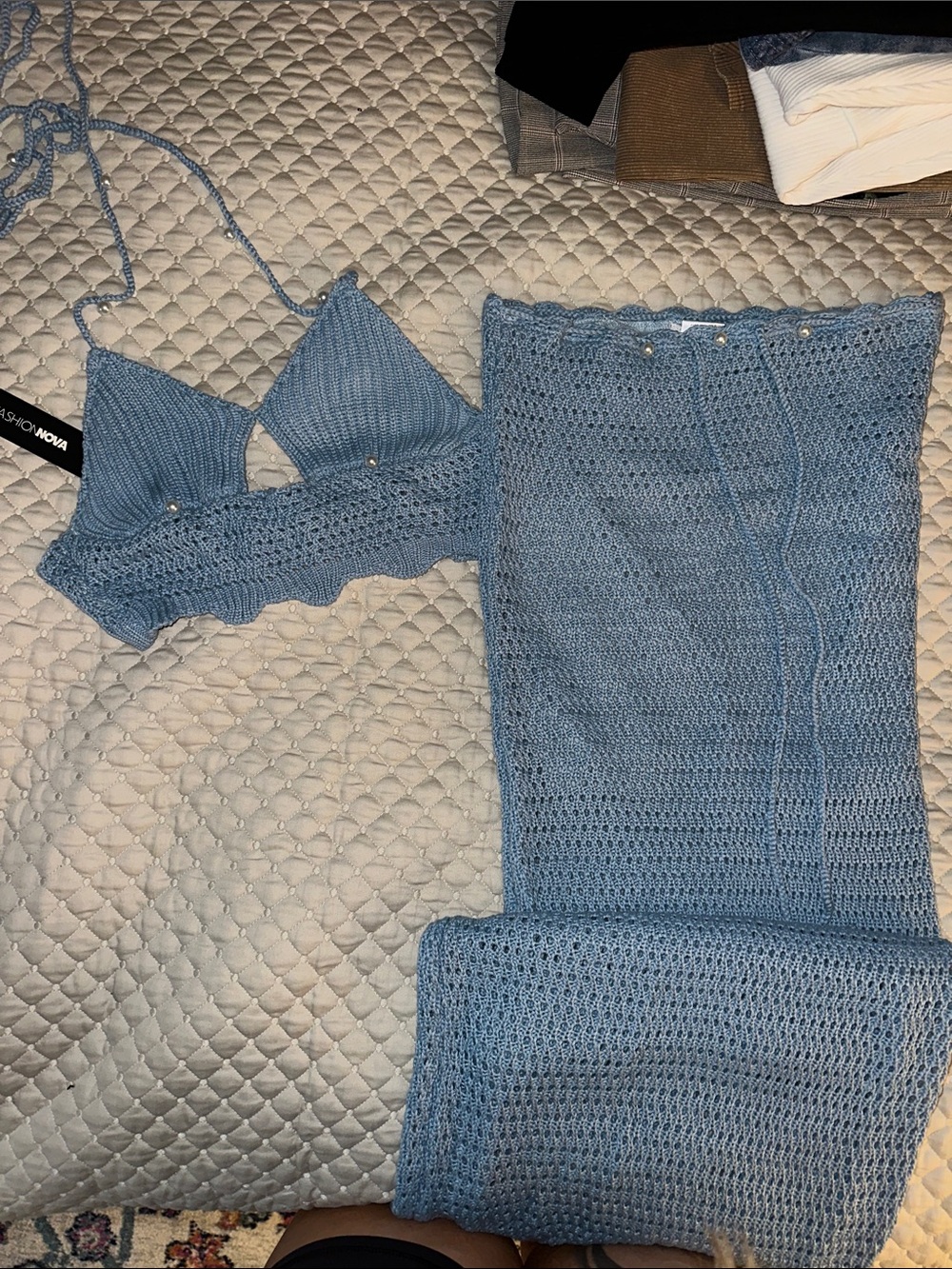 Fashion Nova Light Blue Crochet Bralette & Maxi Skirt Set